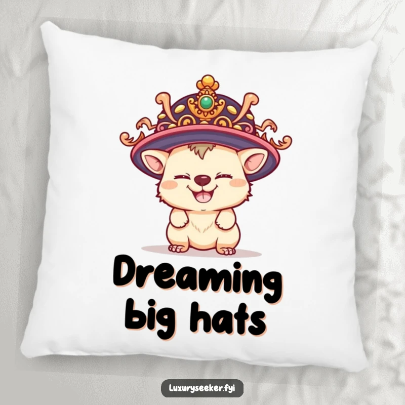 Funny decorative pillow featuring a playful creature with a mischievous grin wearing a ridiculously large, ornate hat, perfect for sofas.