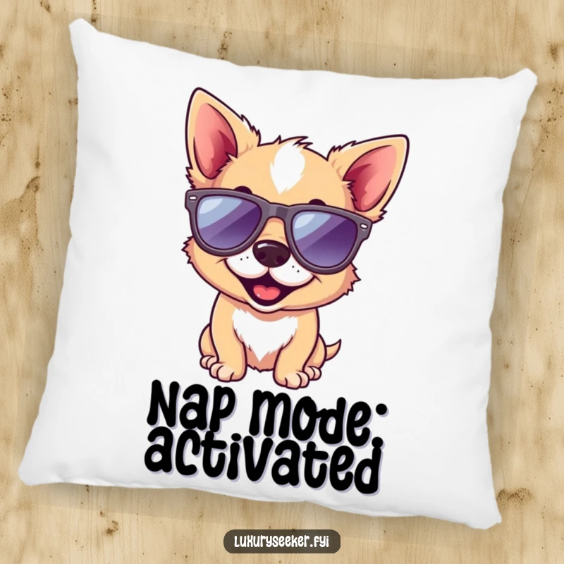 Funny dog pillow with a comfortable design, featuring a playful dog in miniature designer sunglasses, perfect for adding humor and coziness.