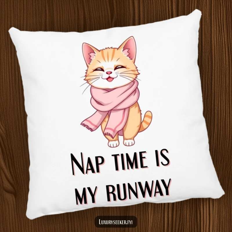 Funny decorative pillow showcasing a giggling cat draped in a flowing silk scarf, adding cozy humor to any sofa or bed.
