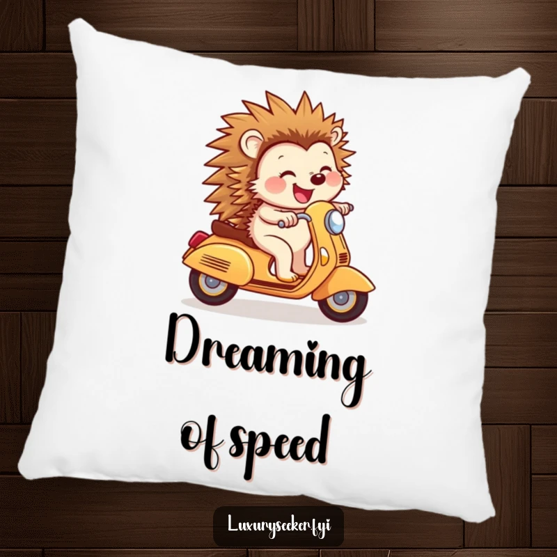 Funny Pillow: A joyful hedgehog rides a tiny golden scooter with a confident smile, a soft and humorous accent for any cozy space.