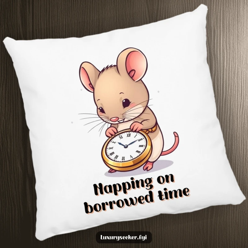 Funny Mouse Pillow featuring a contented mouse admiring a very small, exquisitely crafted pocket watch, designed for comfortable, humorous decor.