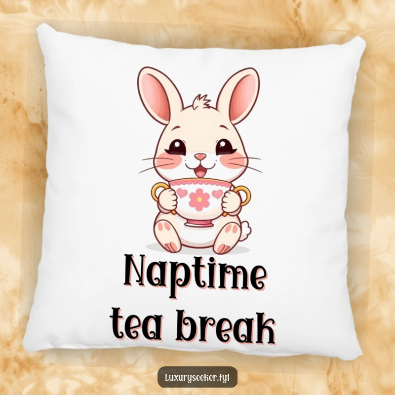 Funny Pillow with a delighted rabbit character holding a tiny, ornate teacup, offering soft comfort and humorous elegance.