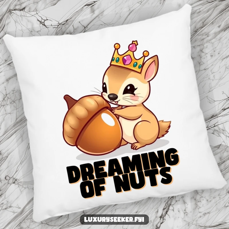 Funny pillow featuring a tiny squirrel in a jeweled crown admiring its reflection in a shiny acorn, perfect for comfort.
