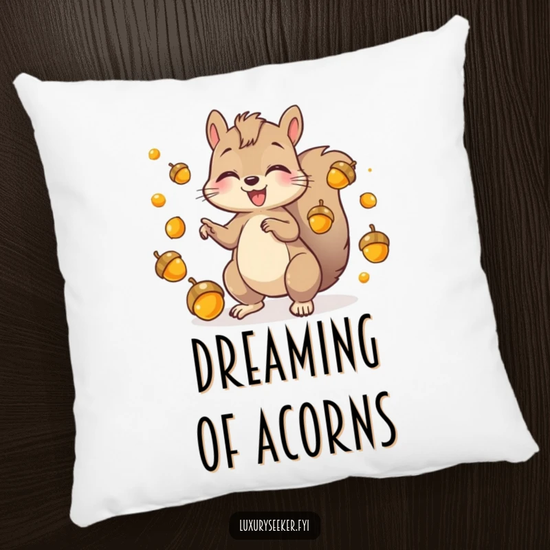 Funny Pillow with a playful squirrel character juggling shiny golden acorns, offering soft comfort and humorous appeal.