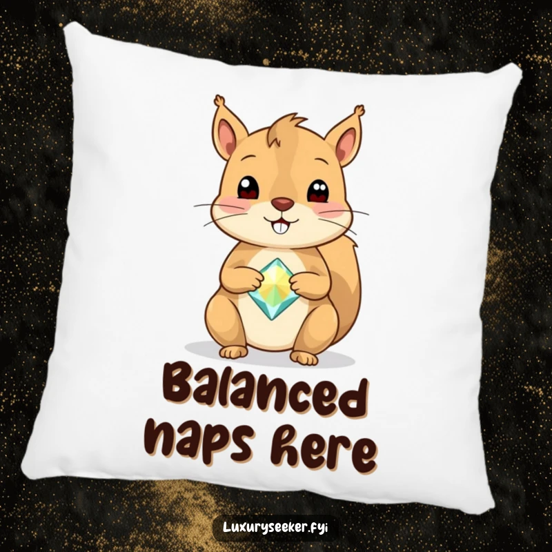 Funny Squirrel Pillow featuring a cheerful squirrel balancing a single, sparkly gemstone on its nose, adding a touch of whimsy.