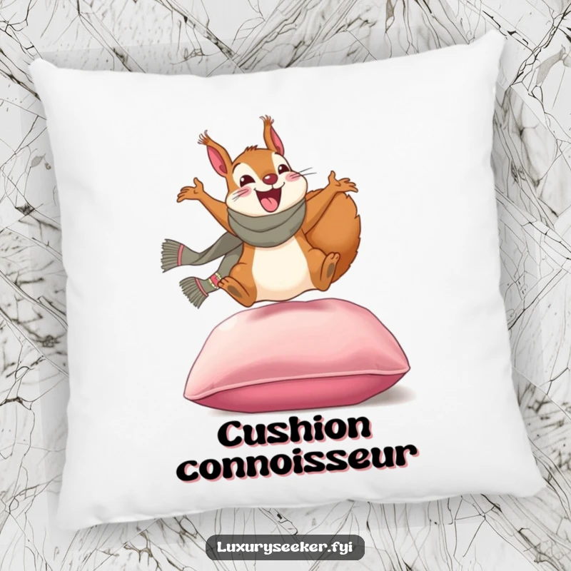 Funny pillow: A happy squirrel in a designer scarf leaping onto a plush velvet cushion, bringing luxury and humor to relaxation.
