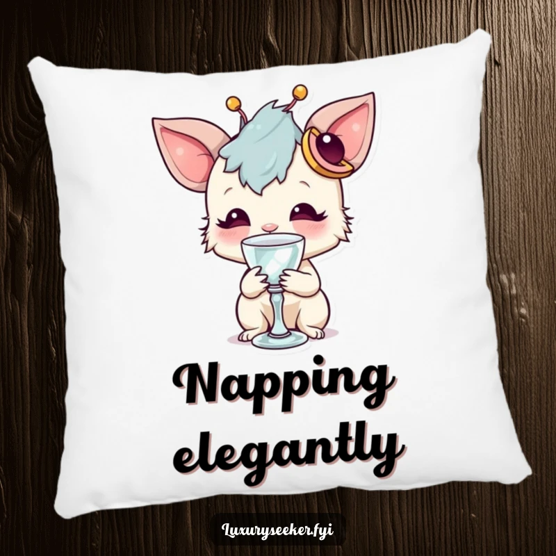 Funny pillow featuring a whimsical creature with a unique accessory sipping from a tiny crystal goblet, offering cozy and humorous comfort.