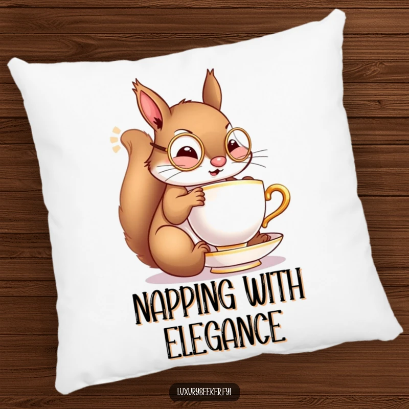 Funny pillow featuring a cheerful squirrel with a tiny monocle, gracefully sipping from a miniature golden teacup, bringing cozy sophistication.