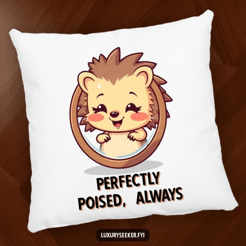 Funny Hedgehog Pillow: A cute hedgehog admires its reflection in a mirror, offering a soft and humorous decorative accent for any room.