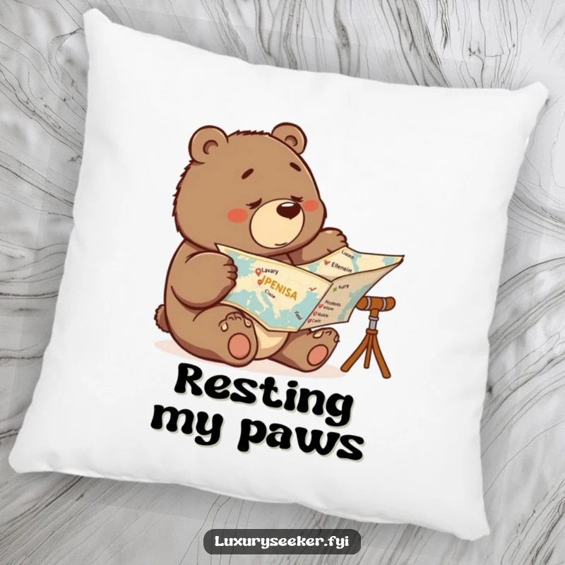 Funny throw pillow with a determined bear examining a map, luxury destinations crossed off, bringing comfort and travel dreams.