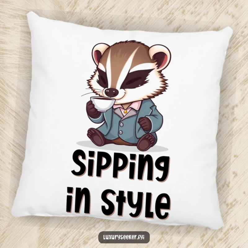 Funny pillow showcasing a badger in a silk smoking jacket, gracefully sipping from a tiny teacup, providing cozy and humorous decorative flair.