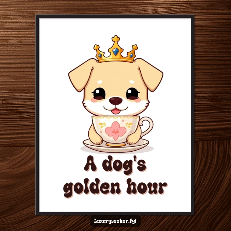 Funny Digital Art Print: A cheerful dog wearing a tiny crown, sipping from a golden teacup with poise.