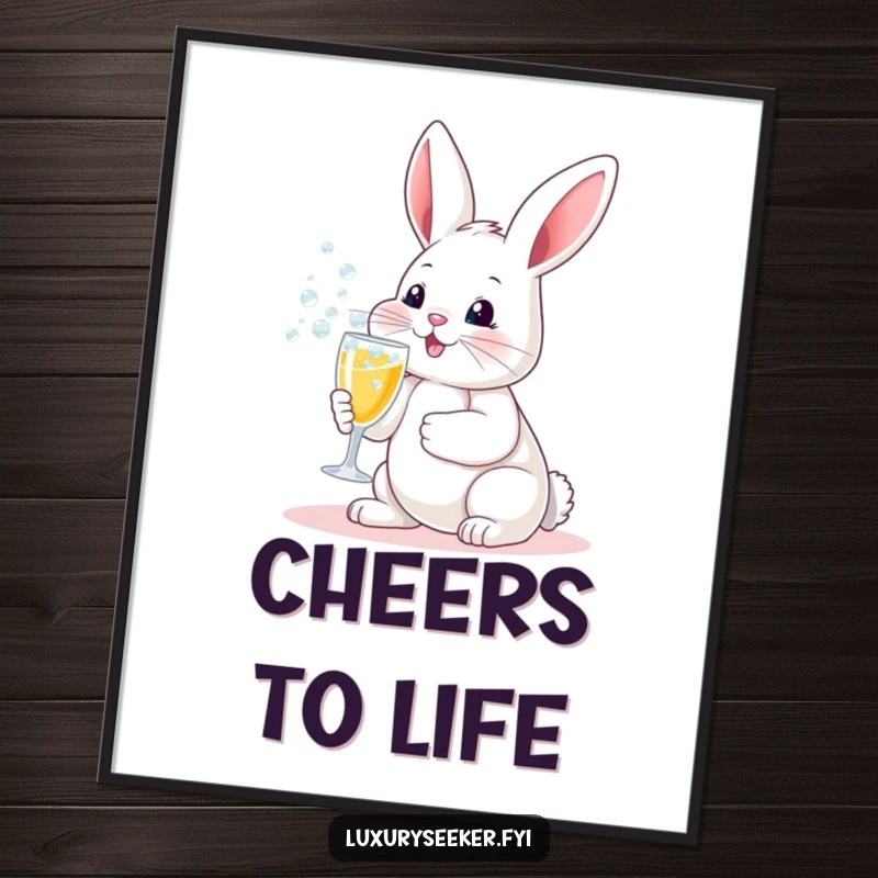 Funny digital art print: A happy bunny holding a miniature champagne flute with overflowing bubbles, bringing festive humor to decor.