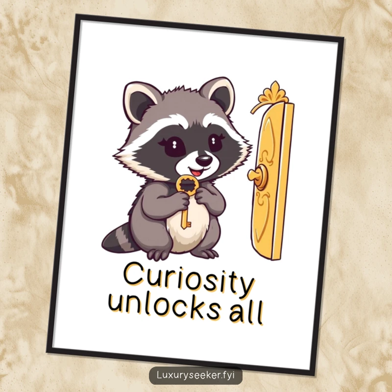 Funny digital art print: A content raccoon holds a key, peering through a tiny golden door, creating a whimsical visual.