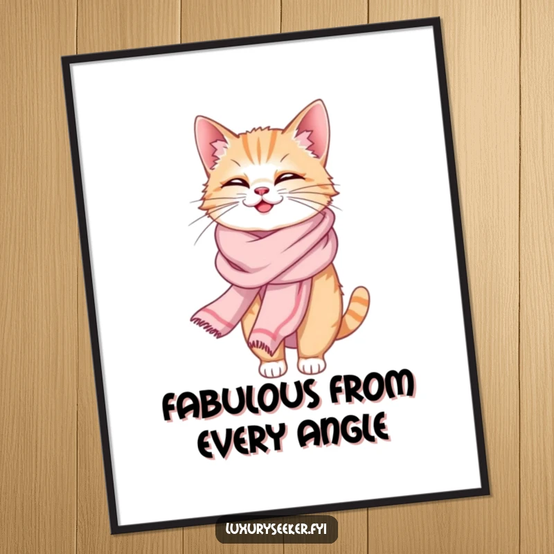 Funny digital art print of a giggling cat draped in an elegant silk scarf, bringing chic humor and charm to any digital display.