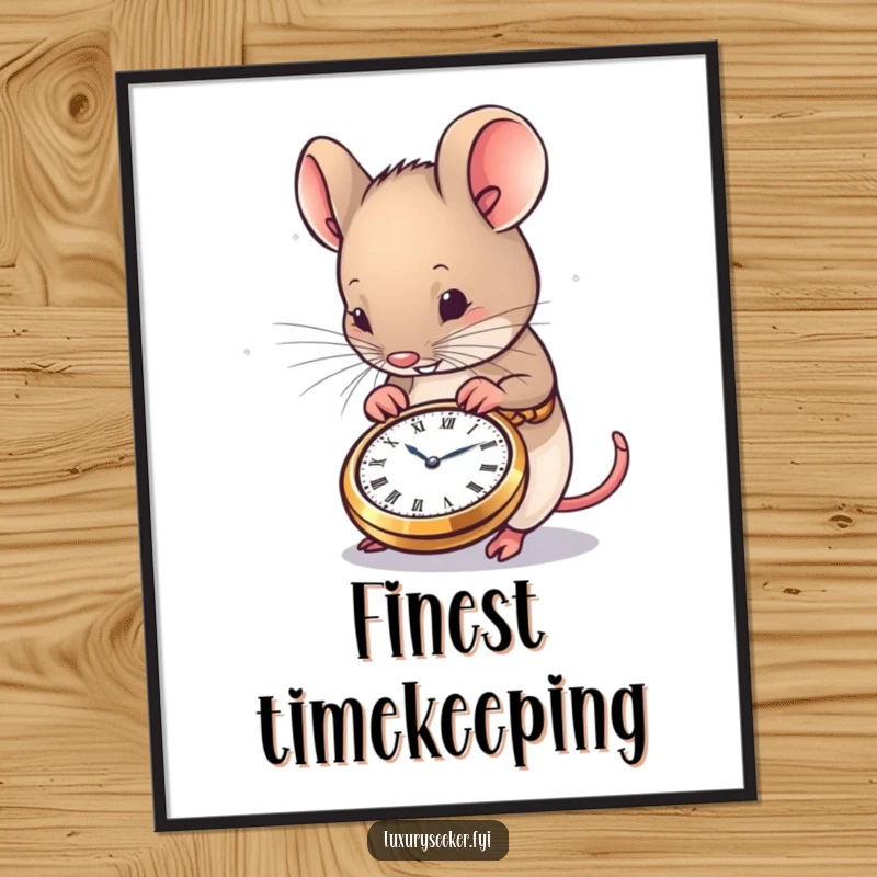 Funny Mouse Digital Art Print of a content mouse admiring a very small, exquisitely crafted pocket watch, offering instant charming humor.