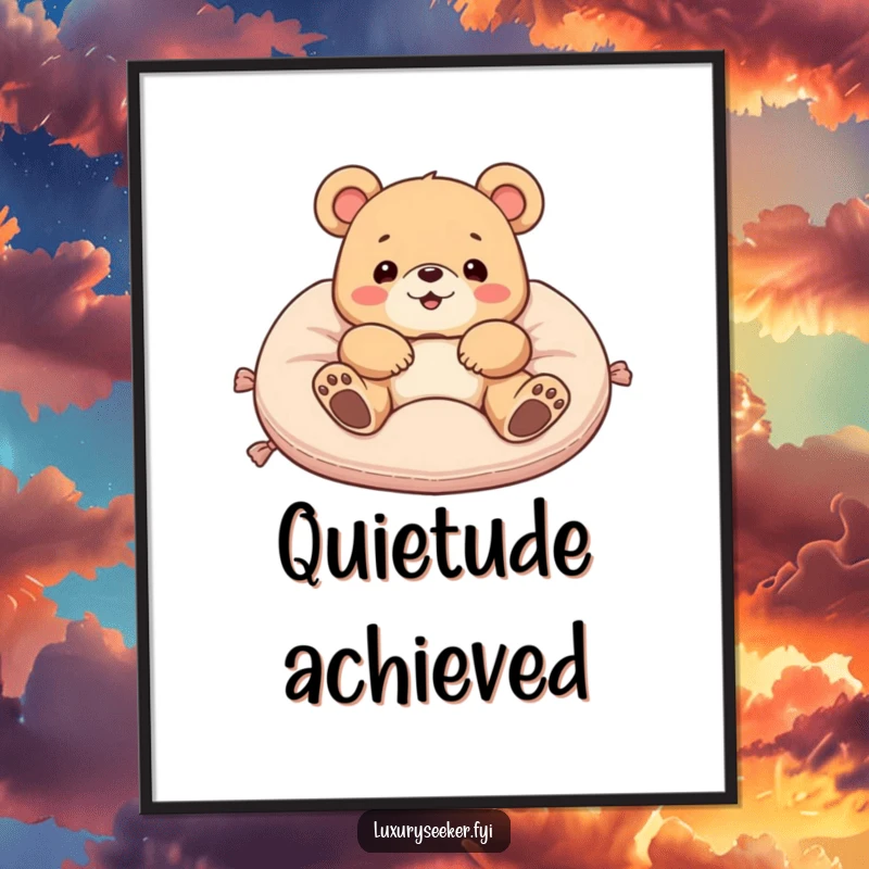 Funny digital art print of a delighted bear lounging luxuriously on a plush velvet cushion, offering instant humorous decor.