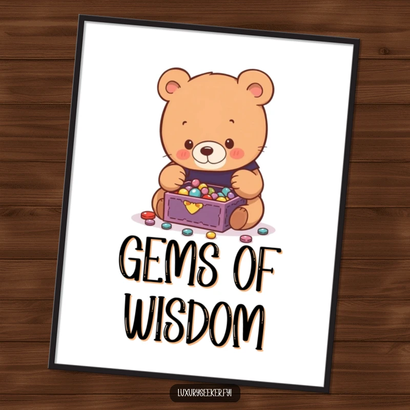 Funny Bear Digital Art Print of a curious bear mesmerized by a tiny, overflowing jewelry box filled with sparkling gems and pearls.