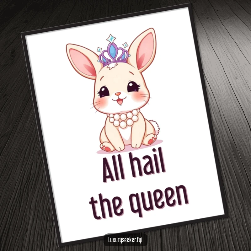 Funny digital art print of a happy bunny wearing a pearl necklace, admiring a sparkling tiara, embodying adorable regality and charm.