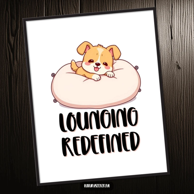 Funny Digital Art Print of a cheerful dog character lounging on a giant plush velvet pillow, offering instant canine relaxation.