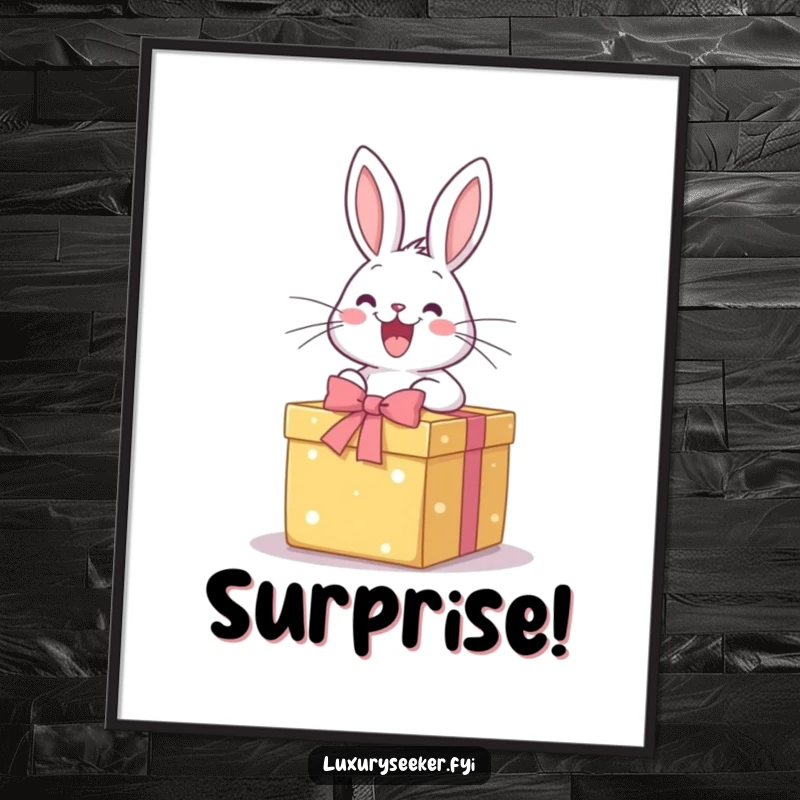Funny Digital Art Print: A happy rabbit excitedly opens a perfectly wrapped gift box, bringing instant joy and festive cheer.