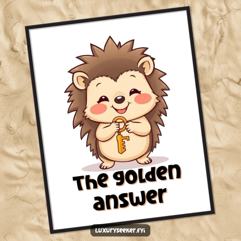 Funny hedgehog with a sweet smile holding a tiny golden key, featured in a digital art print, radiating cuteness, a charming funny gift.