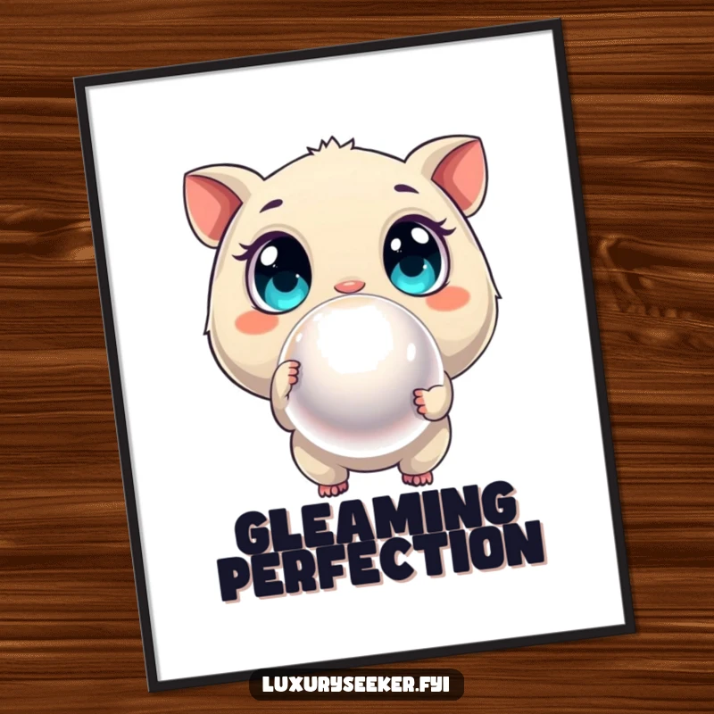 Funny digital art print of a curious creature with wide eyes pointing at an oversized, shimmering pearl, full of discovery.