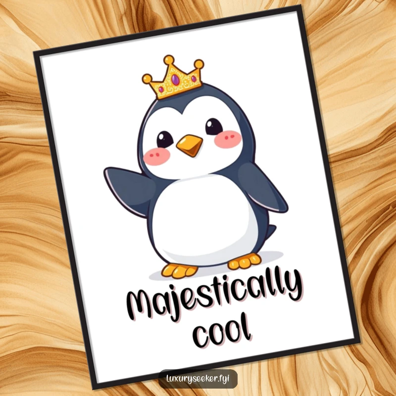 Funny Penguin Crown Digital Art Print: High-quality artwork of a happy penguin striking a pose with a tiny, glittering crown, ready for printing.