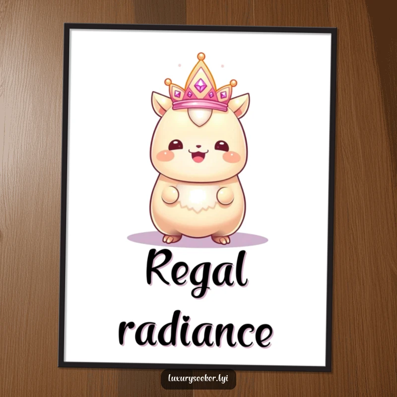 Funny digital art print of a gleaming creature with a proud smile admiring a sparkling, tiny crown, offering humorous and regal visual appeal.