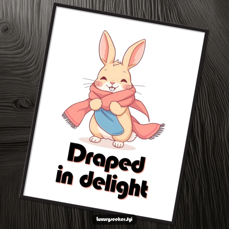 Funny Digital Art Print: A delighted rabbit elegantly draped in a long, flowing silk scarf with poise.