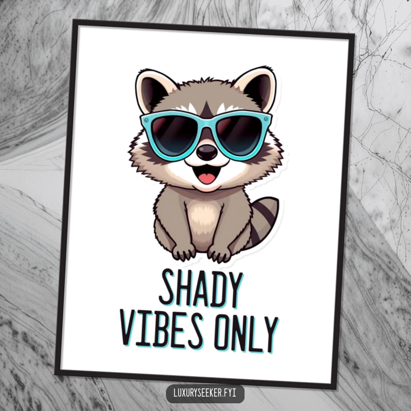 Funny Raccoon Digital Art Print of a delighted raccoon sporting oversized diamond sunglasses, a cool and humorous piece for instant wall decoration.
