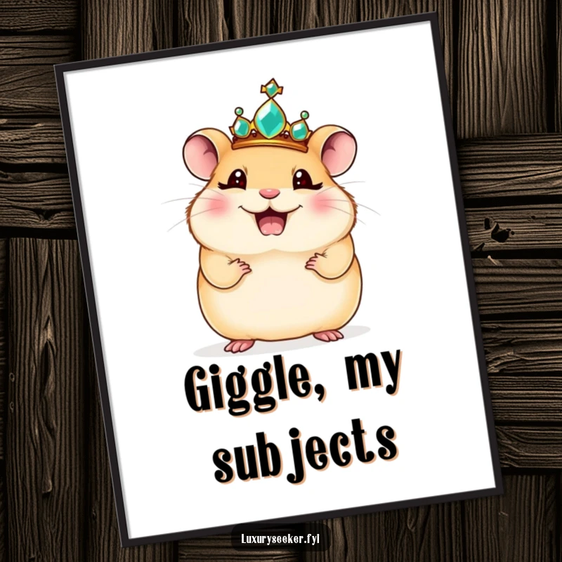 Funny digital art print: A giggling hamster wearing a jeweled crown strikes a regal pose, exuding cute royalty.