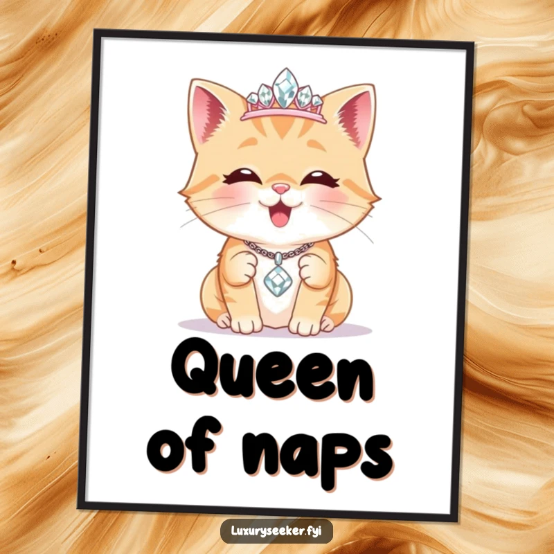 Funny Digital Art Print: A delighted cat wears a tiny diamond tiara, admiring a sparkling necklace, bringing instant regal charm and humor.