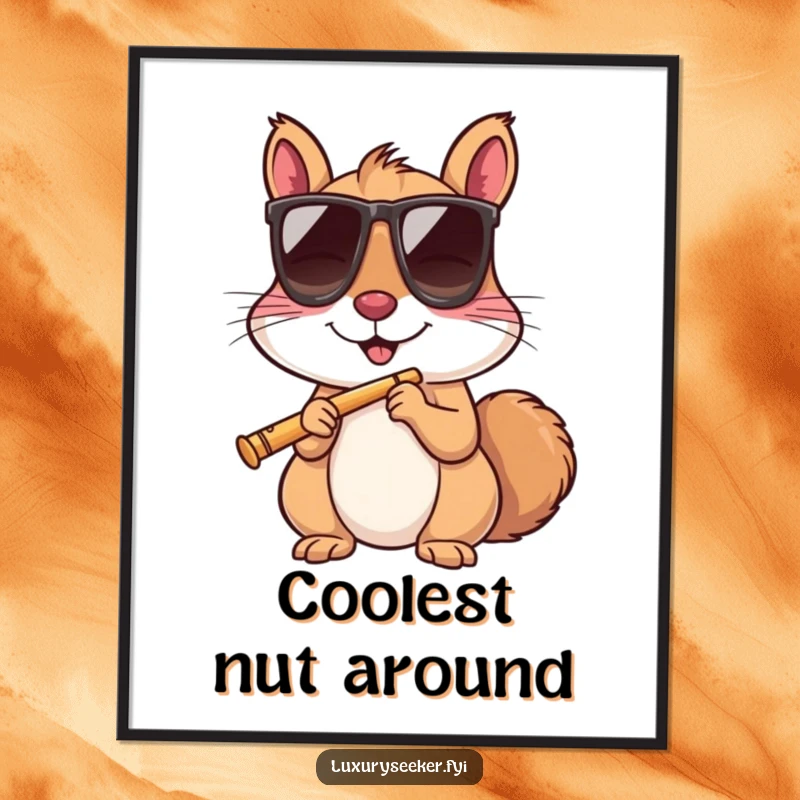Funny squirrel in sunglasses sips from a tiny flute, digital art printable for instant humorous wall decor.