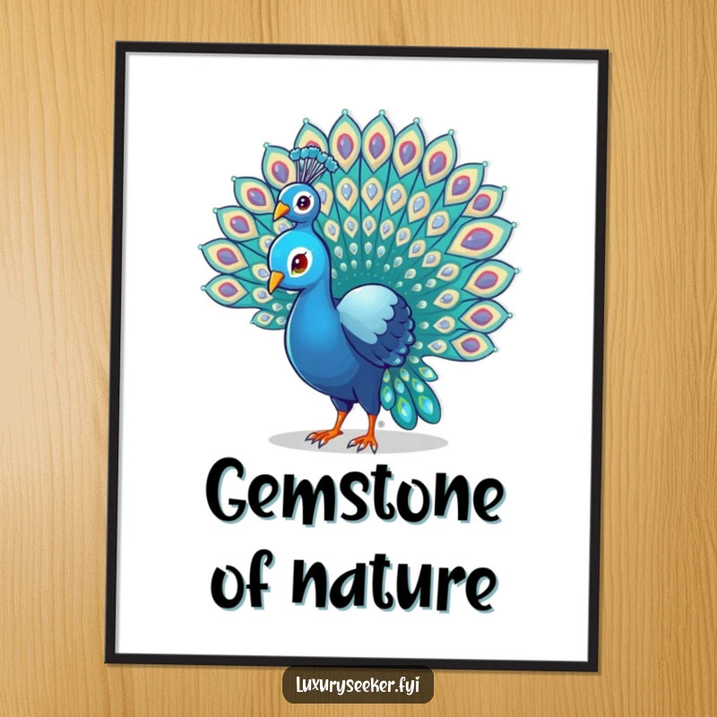 Funny Peacock Digital Art Print of a proud bird fanning its gem-covered tail feathers, conveying humor and elegance for instant download.