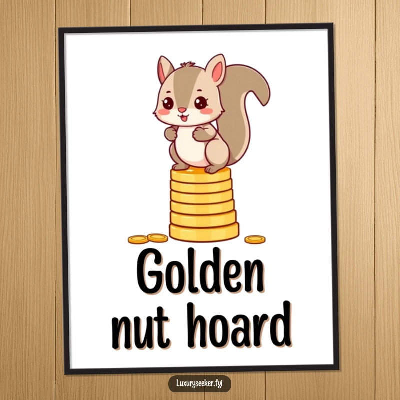 Funny squirrel digital art print of a mischievous character balancing on a huge stack of glittering gold coins, full of personality.