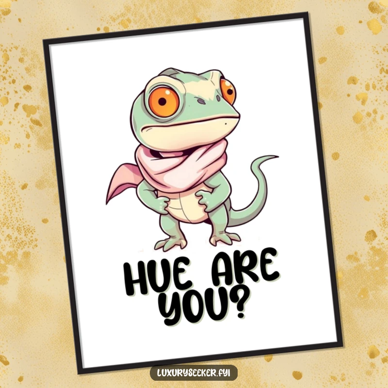 Funny chameleon wearing a flowing silk scarf, captured in a digital art print, exuding confidence and artistic sass, a unique funny gift.