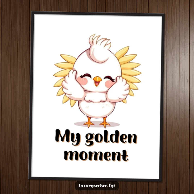 Funny Bird Digital Art Print: A happy bird preens with a cascade of golden feathers, creating a humorous and glamorous digital artwork.