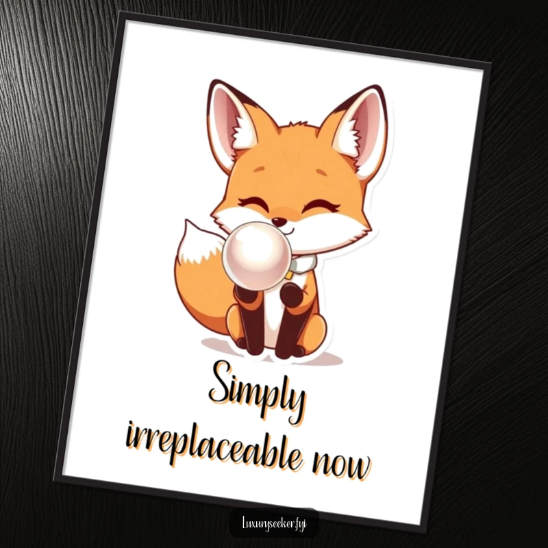 Funny Fox Digital Art Print: A sophisticated fox in a bow tie curiously examines a large, lustrous pearl, humorous wall art.