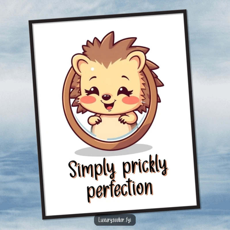 Funny Hedgehog Digital Art Print: A happy hedgehog admires its reflection, bringing humorous self-love and charm to any digital display.