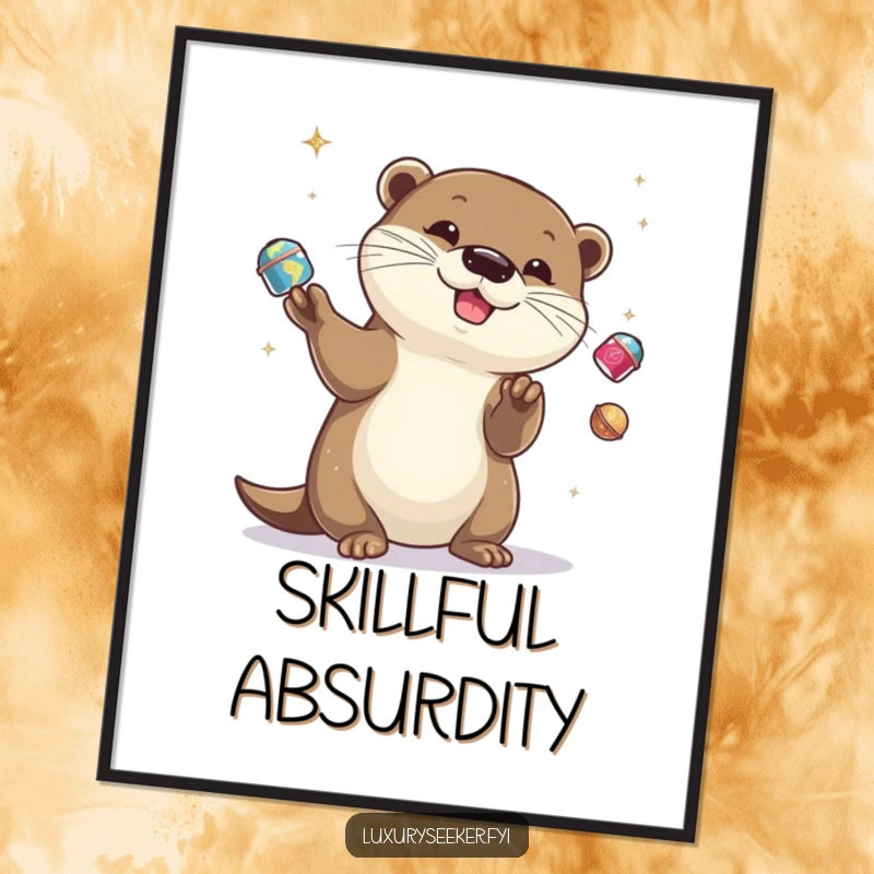 Funny playful otter juggling miniature glittering objects, presented as a downloadable digital art print, a funny gift.