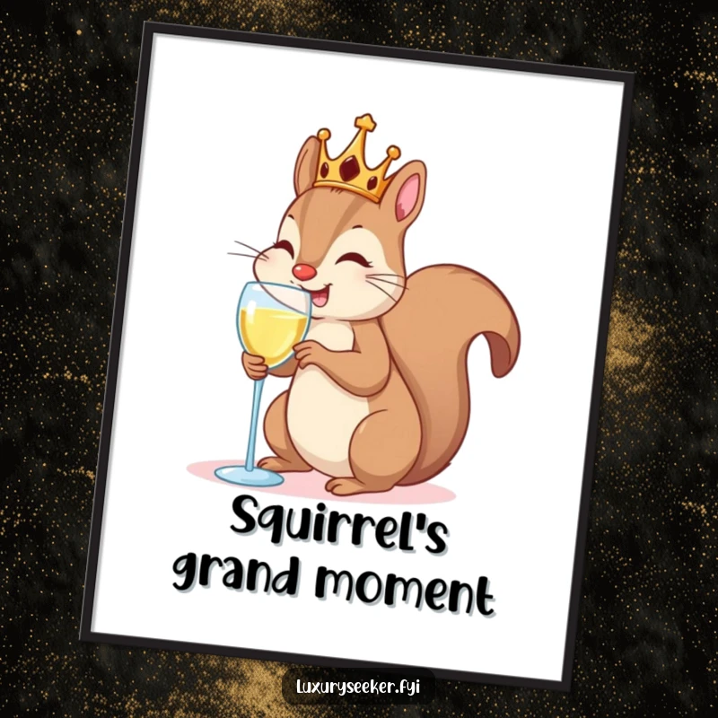 Funny Digital Art Print: Squirrel in a crown sipping champagne, high-resolution, humorous artwork.