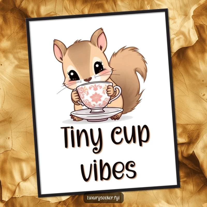 Funny squirrel digital art print of a curious squirrel holding a tiny ornate teacup and saucer, offering instant whimsical charm.