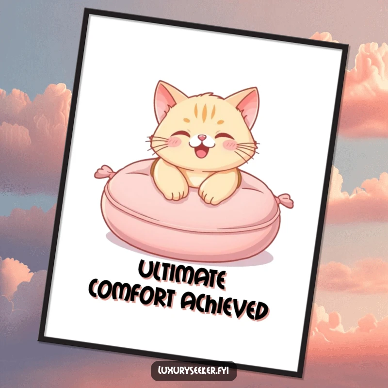 Funny Digital Art Print captures a happy cat blissfully lounging on a plush, miniature velvet cushion.