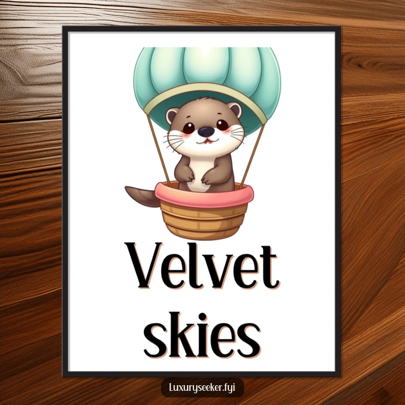 Funny Otter in Velvet Hot Air Balloon Digital Art Print: Whimsical otter floating in a velvet balloon, downloadable art for instant joy.