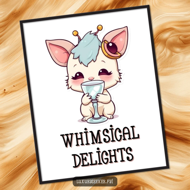Funny digital art print of a whimsical creature with a unique accessory sipping from a tiny crystal goblet, offering elegant and humorous visual appeal.