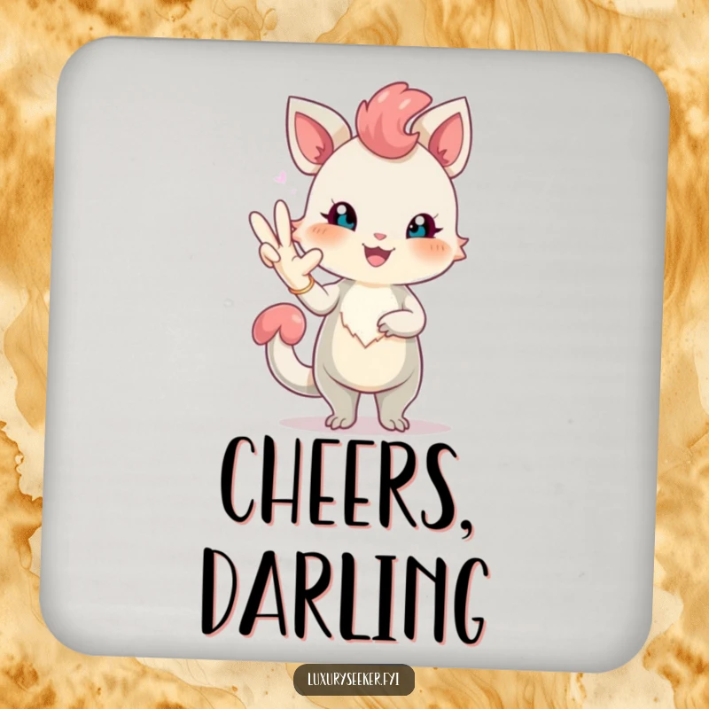 Funny drink coaster featuring a cheerful creature with rosy blush posing elegantly with a long, elegant glove, providing chic and humorous surface protection.