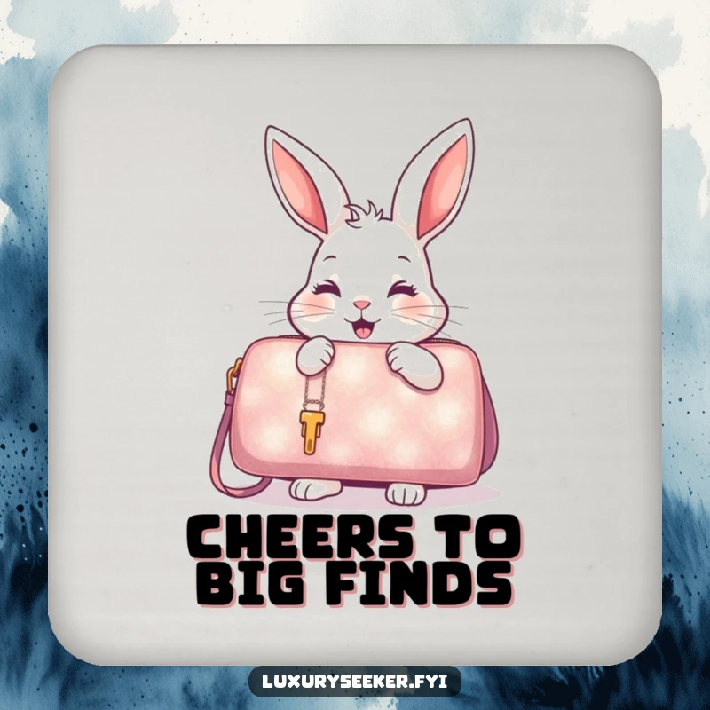 Funny Drink Coaster showing a delighted rabbit examining a shimmering, oversized handbag, protecting surfaces.