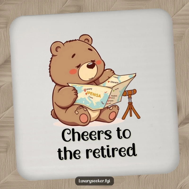 Funny drink coaster with a determined bear examining a map, luxury destinations crossed off, protecting surfaces with humor.
