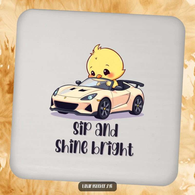 Funny drink coaster with a sweet chick humorously polishing a tiny, gleaming sports car, protecting surfaces with automotive whimsy.